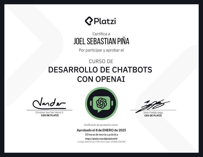 Diploma del Curso de Desarrollo de Chatbots con OpenAI