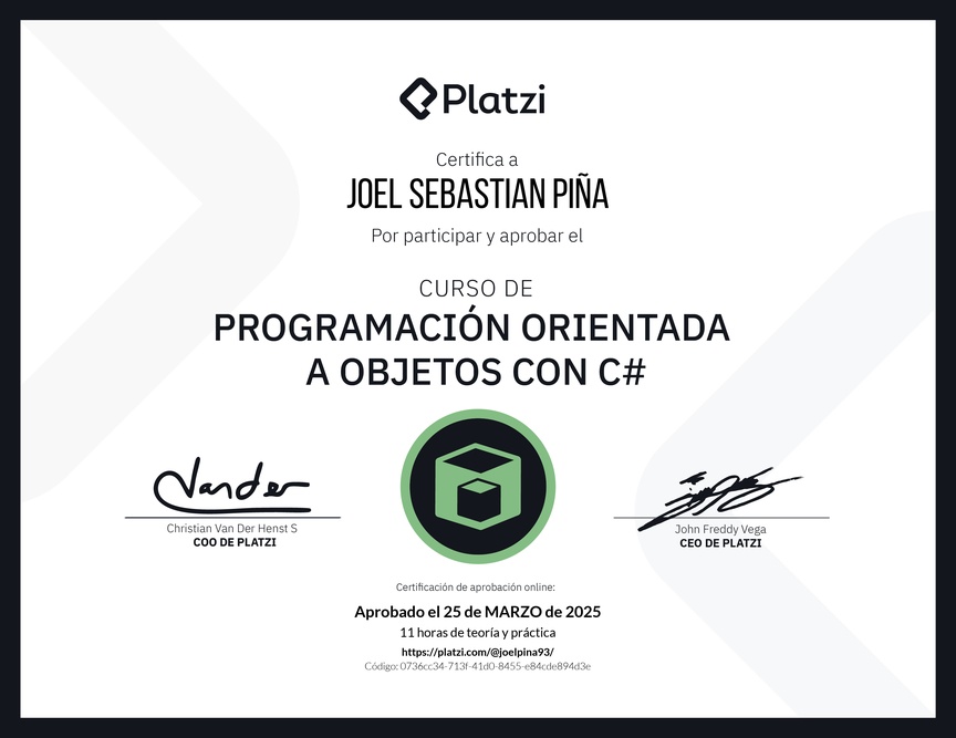 Diploma del Curso de Programación Orientada a Objetos con C#