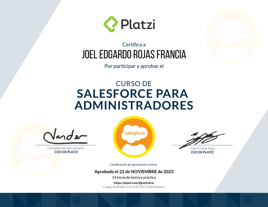 Diploma del Curso de Salesforce para Administradores