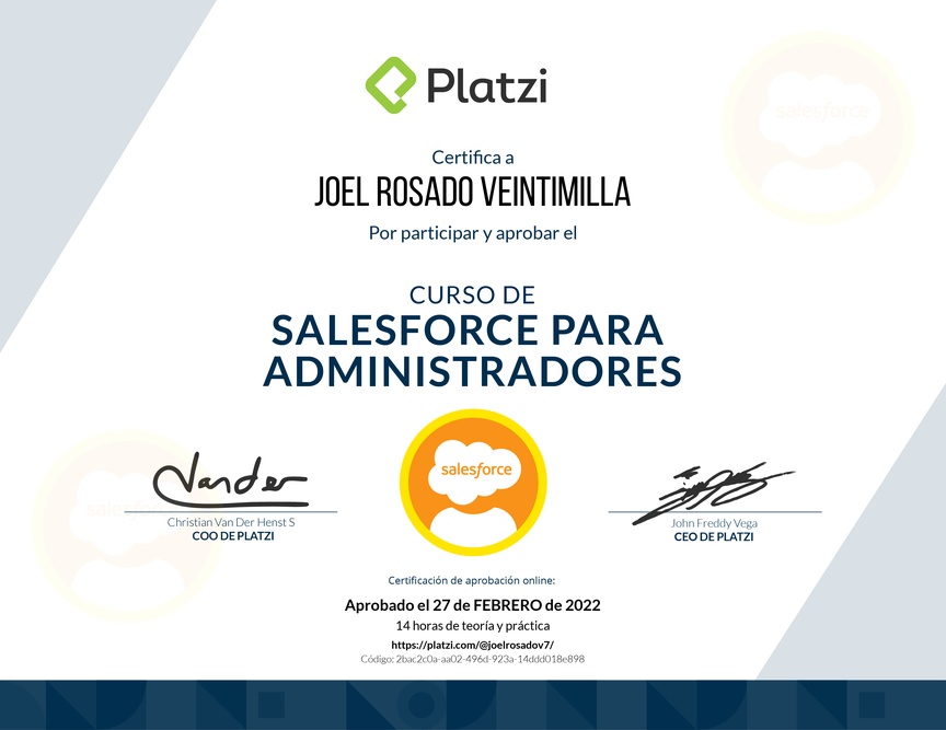 Diploma del Curso de Salesforce para Administradores