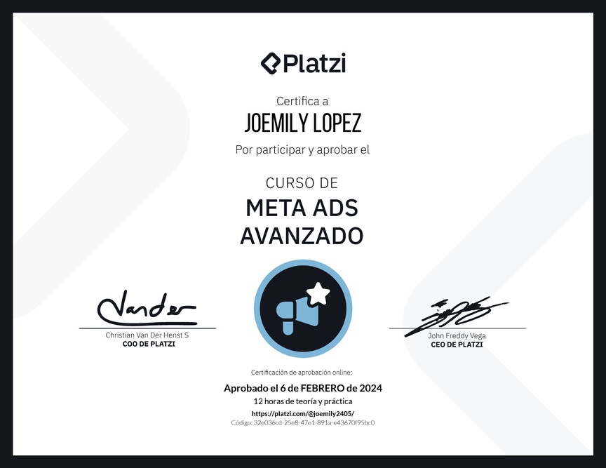Diploma del Curso de Meta Ads Avanzado: Conoce Nuevas Funcionalidades