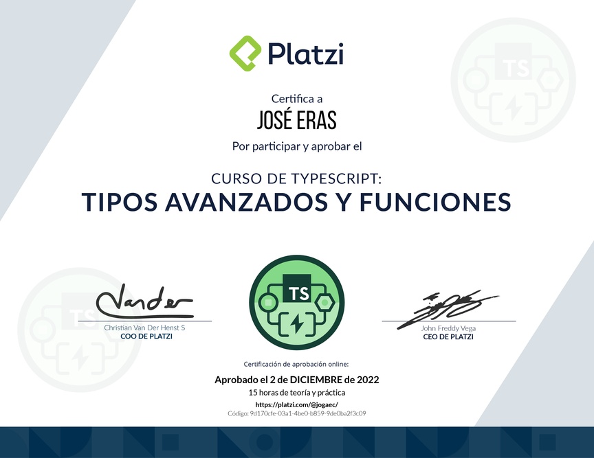 Diploma del Curso de TypeScript: Tipos Avanzados y Funciones