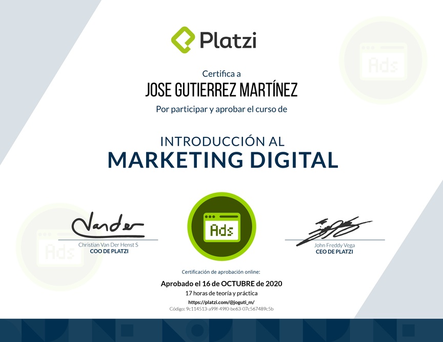 Diploma del Curso de Introducción al Marketing Digital (2018)