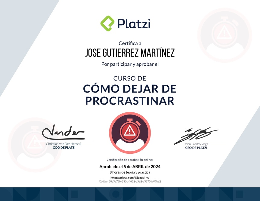 Diploma del Curso de Cómo Dejar de Procrastinar