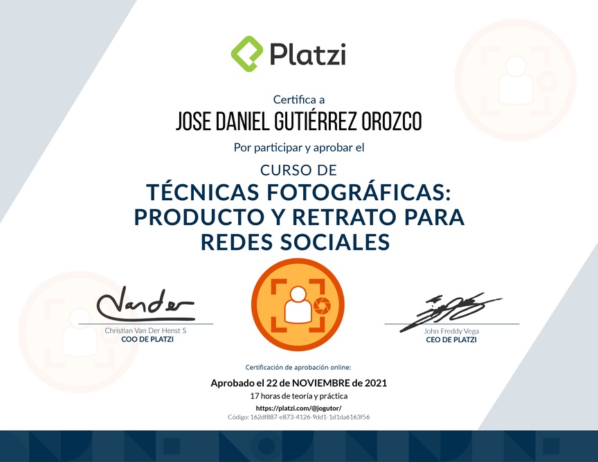Diploma del Curso de Técnicas Fotográficas para Producto y Retrato en Redes Sociales