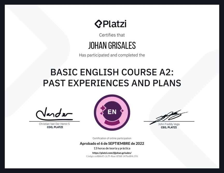 Diploma del Curso de Inglés Básico A2: Experiencias Pasadas y Planes