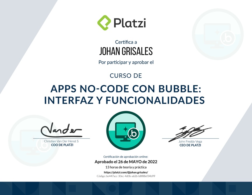 Diploma del Curso de Apps No-code con Bubble: Interfaz y Funcionalidades