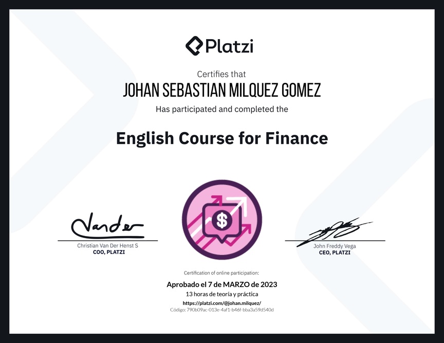 Diploma del Curso de Inglés para Finanzas (2020)