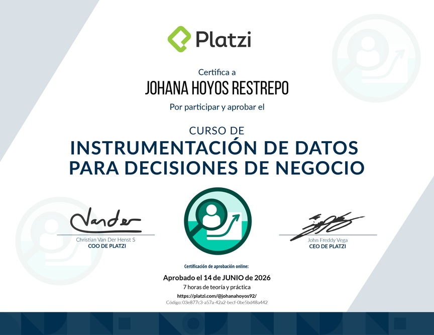 Diploma del Curso de Instrumentación de Datos para Decisiones de Negocio
