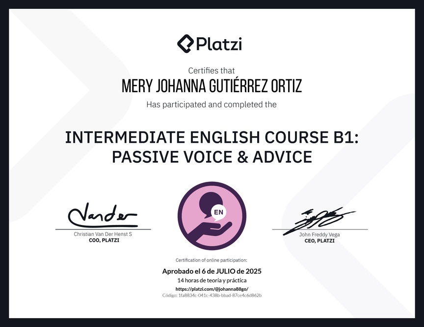 Diploma del Curso de Inglés Intermedio B1: Voz Pasiva y Consejos