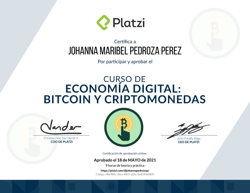 Diploma del Curso de Lectura Economía Digital: Bitcoin y Criptomonedas