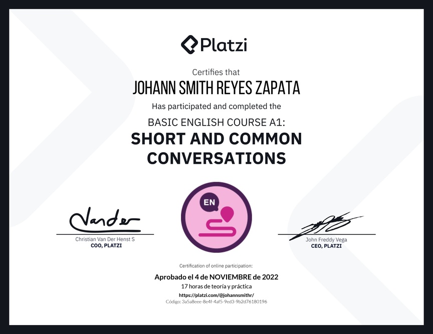 Diploma del Curso de Inglés Básico A1: Conversaciones Cortas y Habituales (2020)