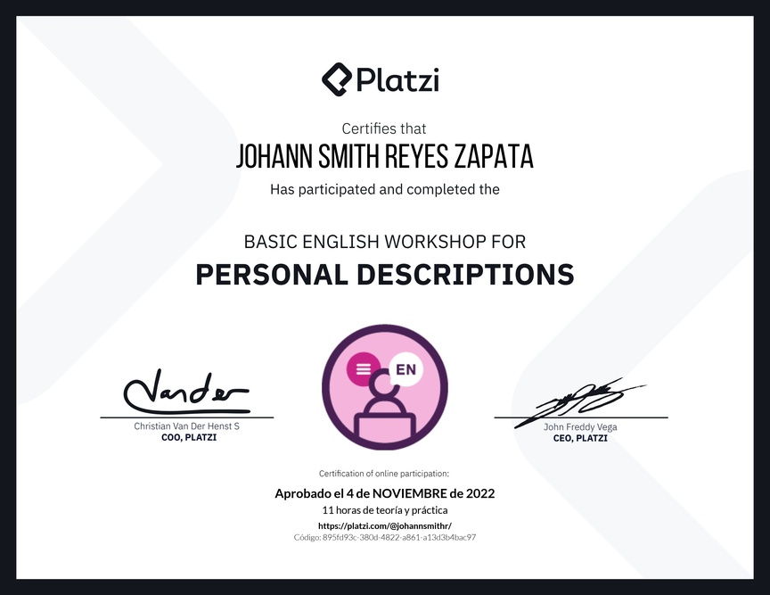 Diploma del Curso de Inglés Práctico para Descripciones Personales (2020=