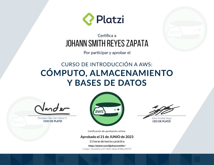 Diploma del Curso de Introducción a AWS: Cómputo, Almacenamiento y Bases de Datos