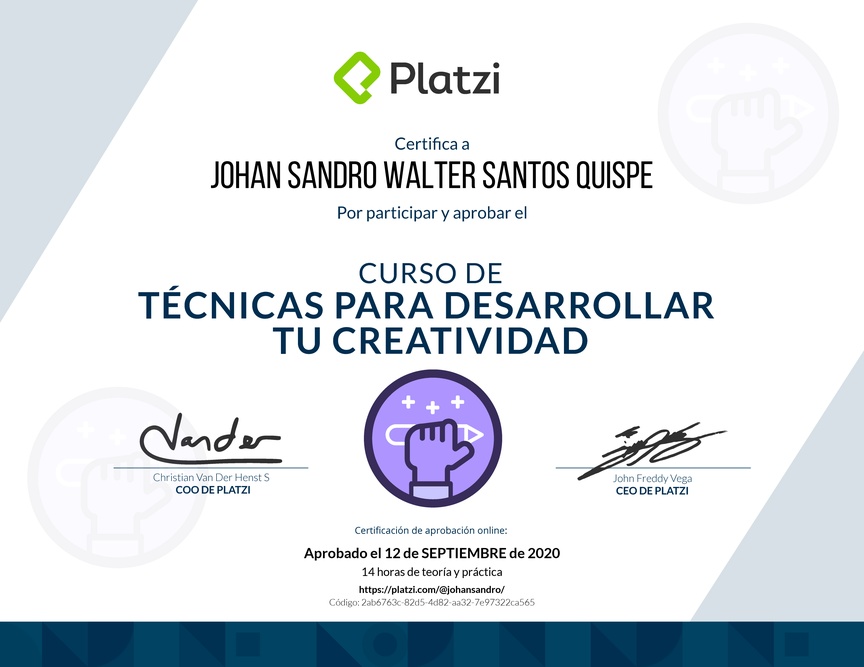 Diploma del Curso para Desarrollar tu Creatividad: Técnicas y Hábitos