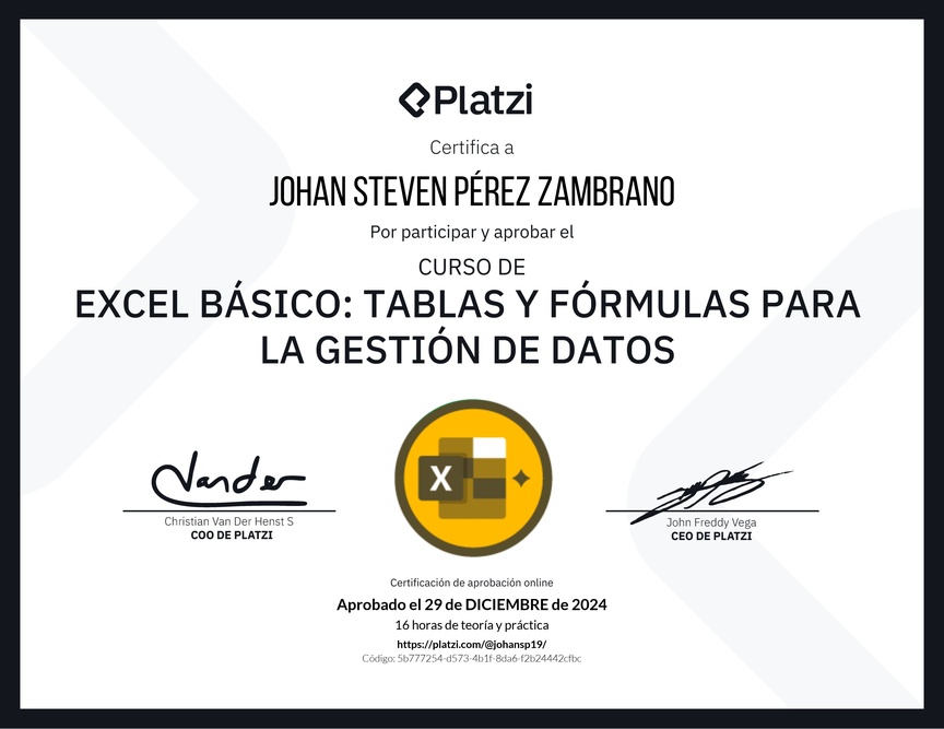 Diploma del Curso de Excel Básico: Tablas y Fórmulas para la Gestión de Datos