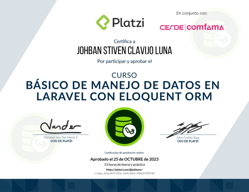 Diploma del Curso Básico de Manejo de Datos en Laravel con Eloquent ORM