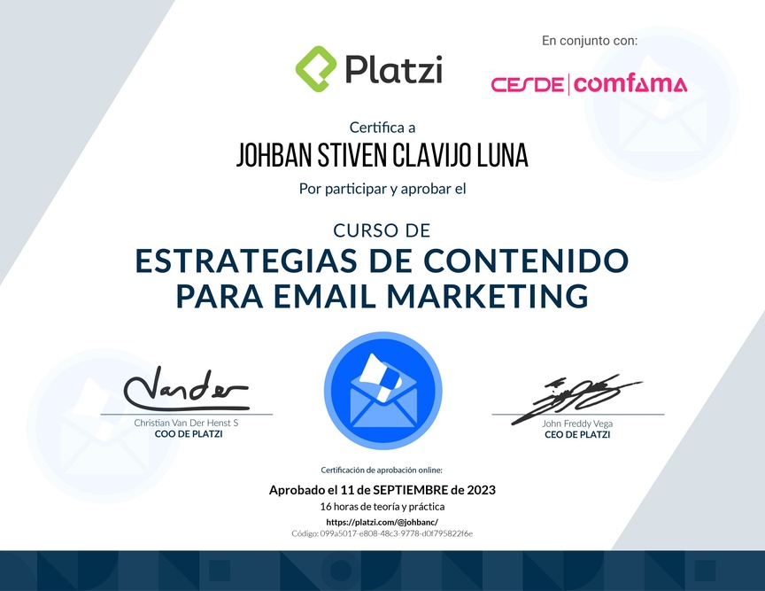Diploma del Curso de Estrategias de Contenido para Email Marketing
