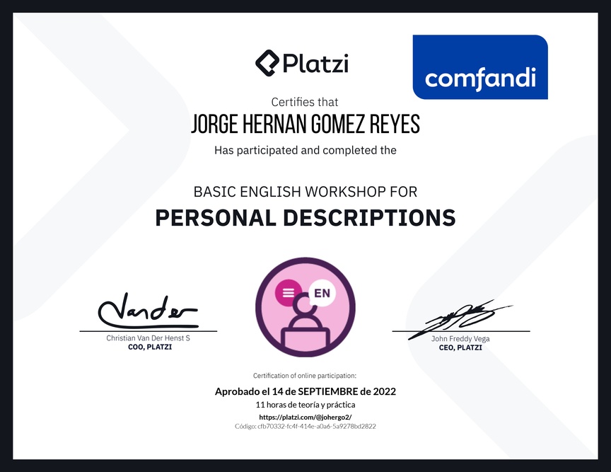 Diploma del Curso de Inglés Práctico para Descripciones Personales (2020=