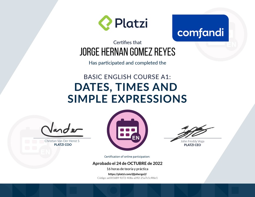 Diploma del Curso de Inglés Básico A1: Fechas, Horas y Expresiones Simples