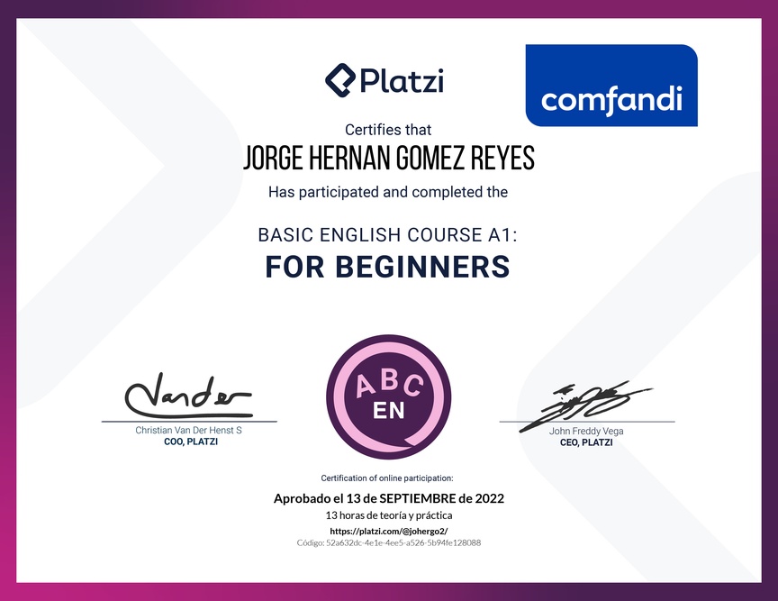 Diploma del Curso de Inglés Básico para Principiantes - (2022)