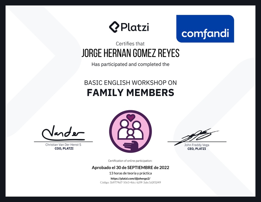 Diploma del Curso de Inglés Práctico sobre los Miembros de la Familia