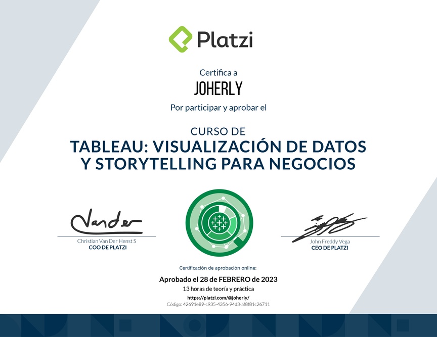 Diploma del Curso de Tableau: Visualización de Datos y Storytelling para Negocios