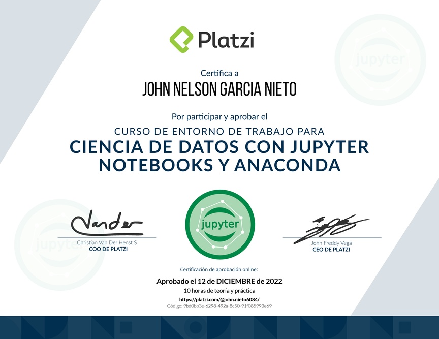 Diploma del Curso de Entorno de Trabajo para Ciencia de Datos con Jupyter Notebooks y Anaconda