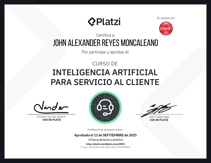 Diploma del Curso de Inteligencia Artificial para Servicio al Cliente