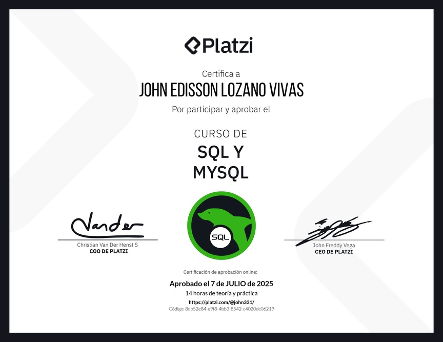 Diploma del Curso de SQL y MySQL