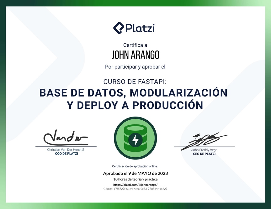 Diploma del Curso de FastAPI: Base de Datos, Modularización y Deploy a Producción