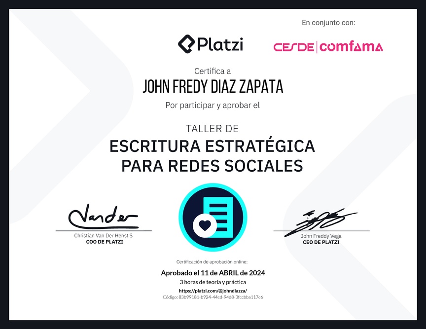 Diploma de Taller de Escritura Estratégica para Redes Sociales