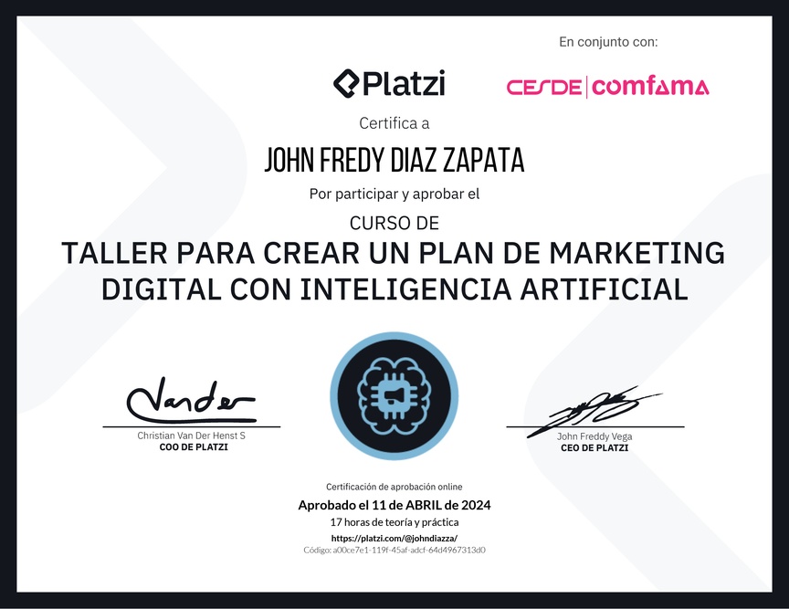 Diploma de Taller para Crear un Plan de Marketing Digital con Inteligencia Artificial