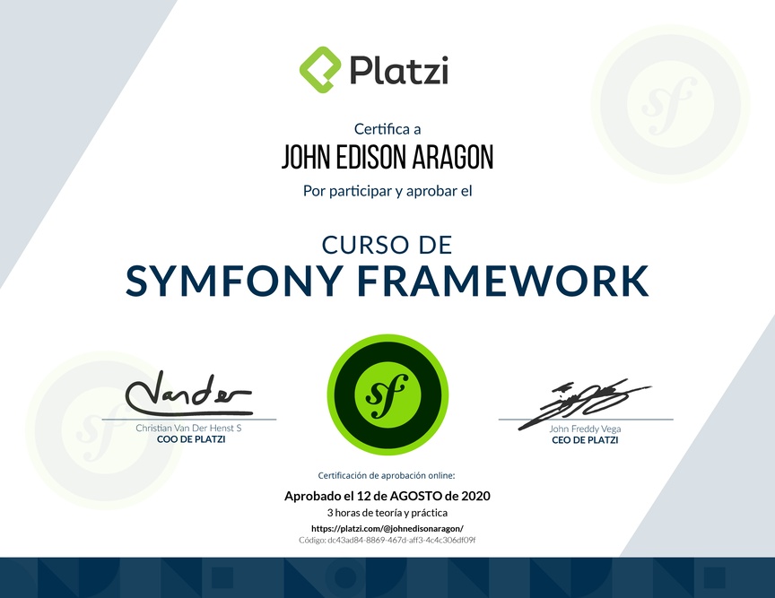 Diploma del Curso de Symfony Framework