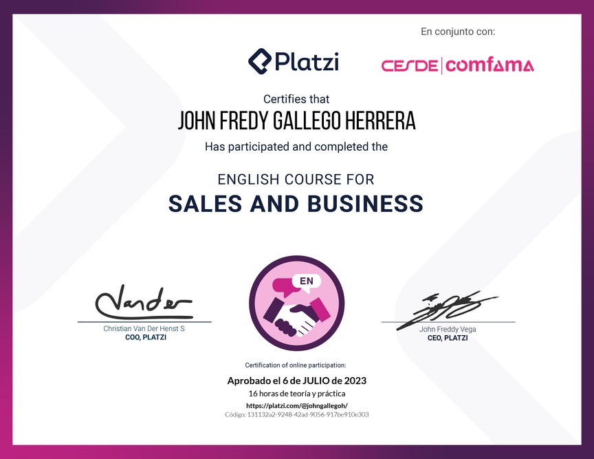 Diploma del Curso para Ventas y Negocios en Inglés (2020)