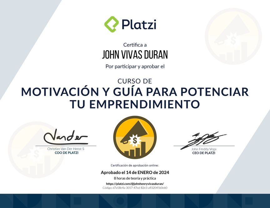 Diploma del Curso de Motivación y Guía para Potenciar tu Emprendimiento