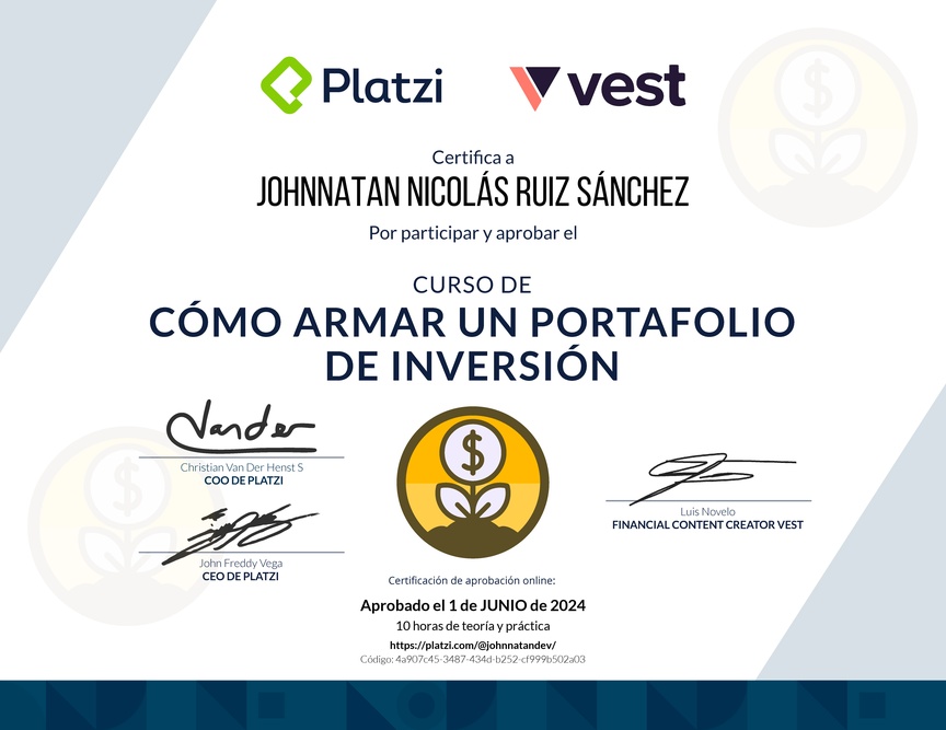 Diploma del Curso de Cómo Armar un Portafolio de Inversión con Vest