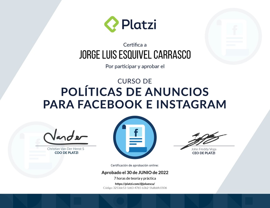 Diploma del Curso de Políticas de Anuncios en Facebook e Instagram