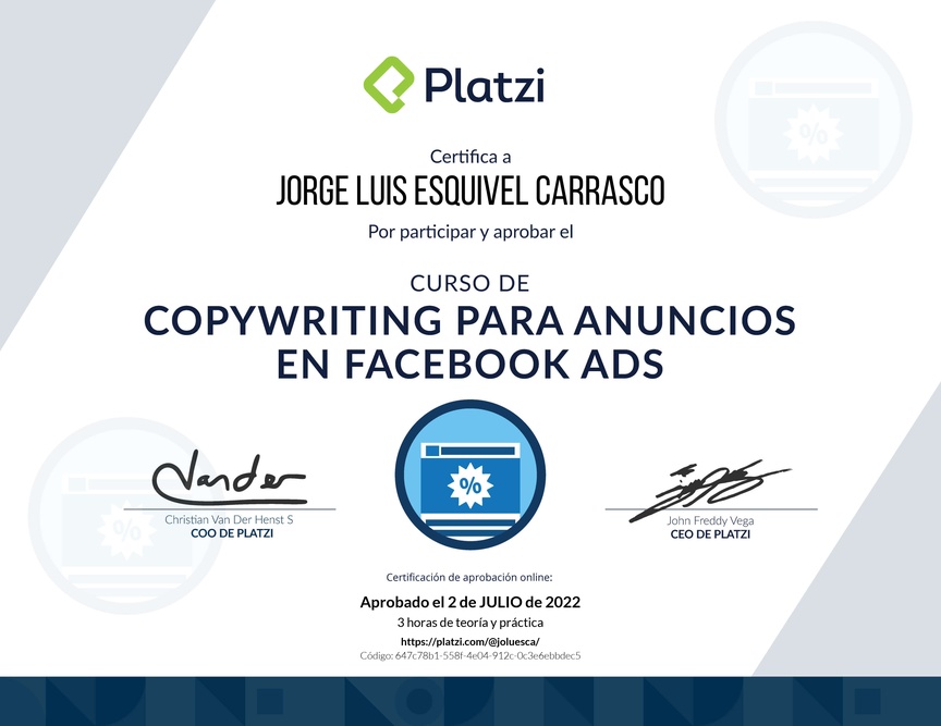 Diploma del Curso de Técnicas de Copywriting para Facebook Ads