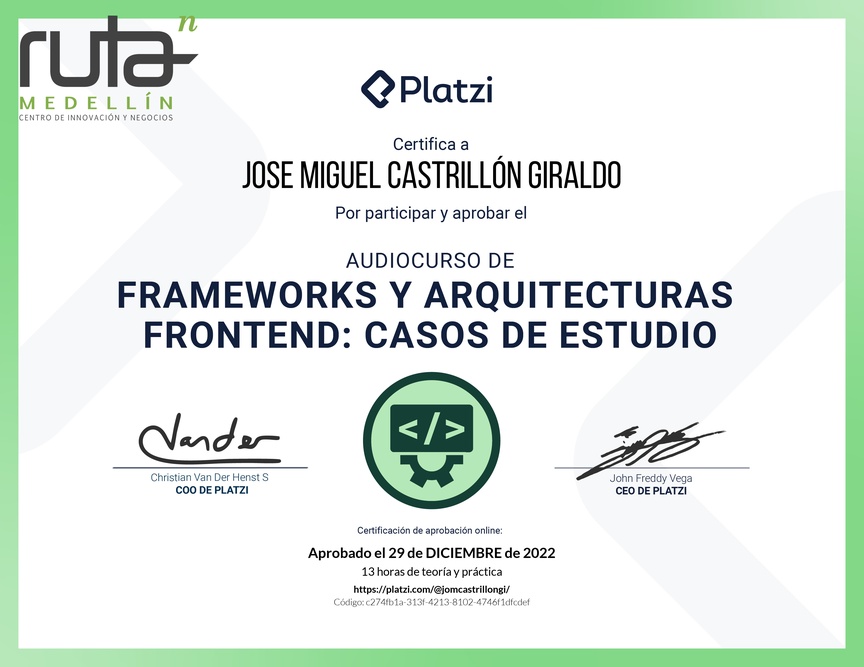Diploma de Audiocurso de Frameworks y Arquitecturas Frontend: Casos de Estudio