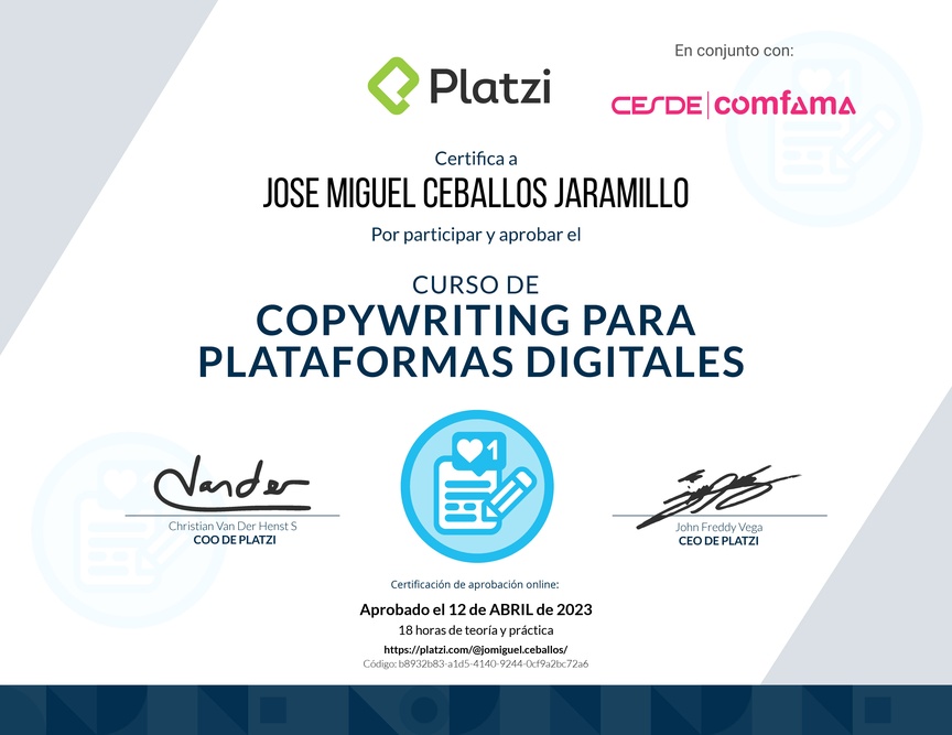 Diploma del Curso de Copywriting para Plataformas Digitales