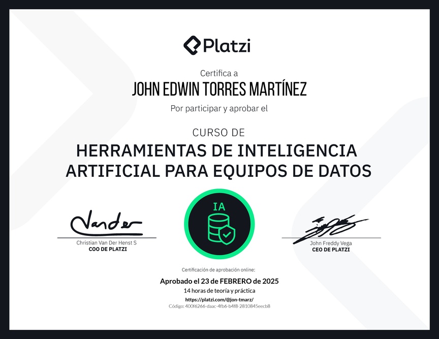 Diploma del Curso de Herramientas de Inteligencia Artificial para Equipos de Datos