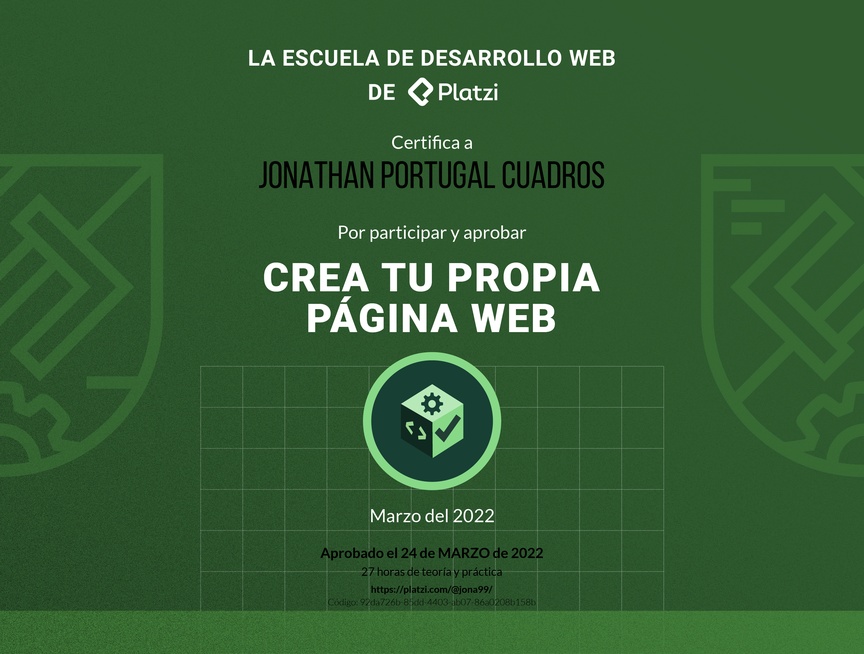 Diploma de Diploma del #PlatziChallenge: Crea tu Primera Página web 2022