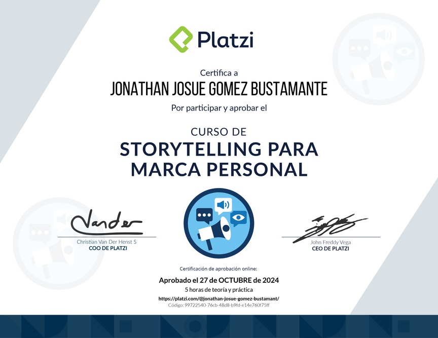 Diploma del Curso de Storytelling para Marca Personal