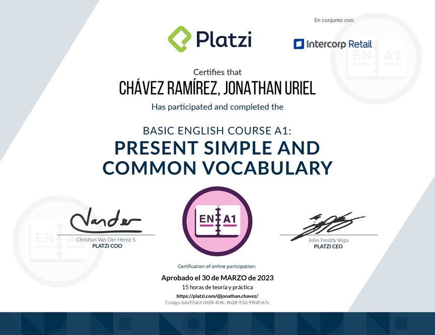 Diploma del Curso de Inglés Básico A1: Presente Simple y Vocabulario Común (2021)