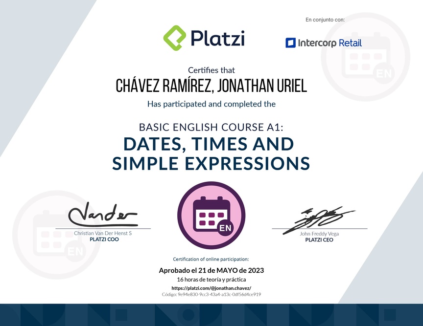 Diploma del Curso de Inglés Básico A1: Fechas, Horas y Expresiones Simples