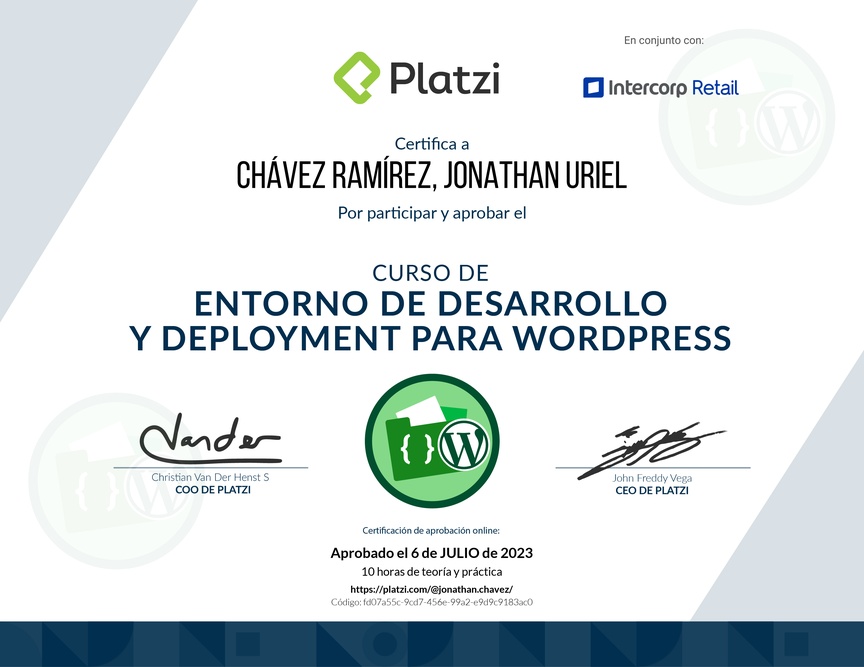 Diploma del Curso de Entornos de Desarrollo y Deployment en WordPress