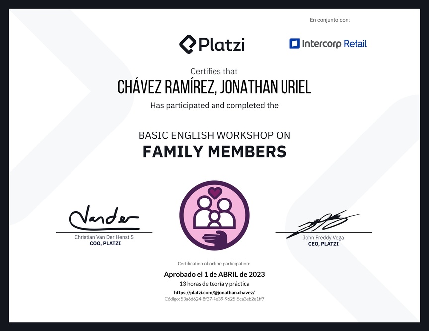 Diploma del Curso de Inglés Práctico sobre los Miembros de la Familia
