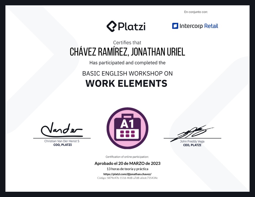 Diploma del Curso de Inglés Práctico sobre Elementos de Trabajo