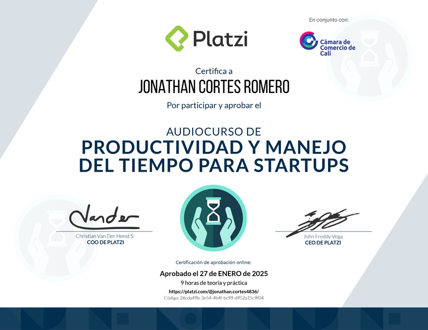 Diploma de Audiocurso de Productividad y Manejo del Tiempo para Startups
